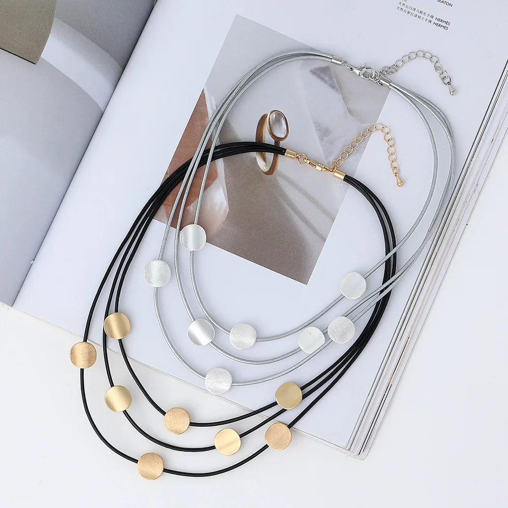 Custom  Layered String Rope Sweater Necklace 3 Layers Gold Plated Geometric Choker Necklace for Women