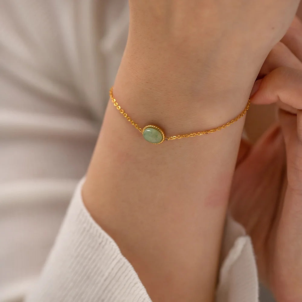 New Fashion Natural Green Gemstone Jewelry PVD Gold Plated Stainless Steel Oval Shape Jade Chain Bracelet for Girls