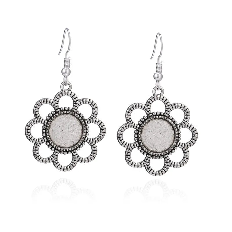 Cabochon Diy Custom 12mm Bezel Setting Blanks Earrings Drop Flower Fashion Antique Bronze Silver Alloy Earrings