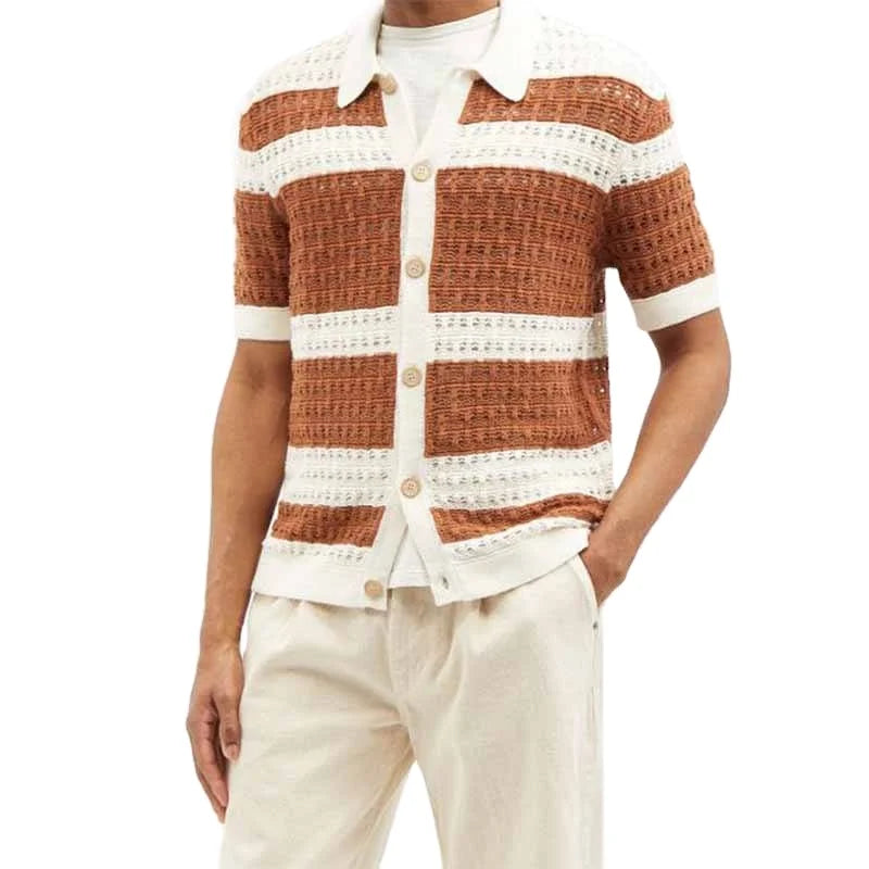 Wholesale Summer Men's Casual Cardigan Waffle Solid for Polo Shirt with Stripe Hole 100% Cotton Knitwear T Shirt Sweater