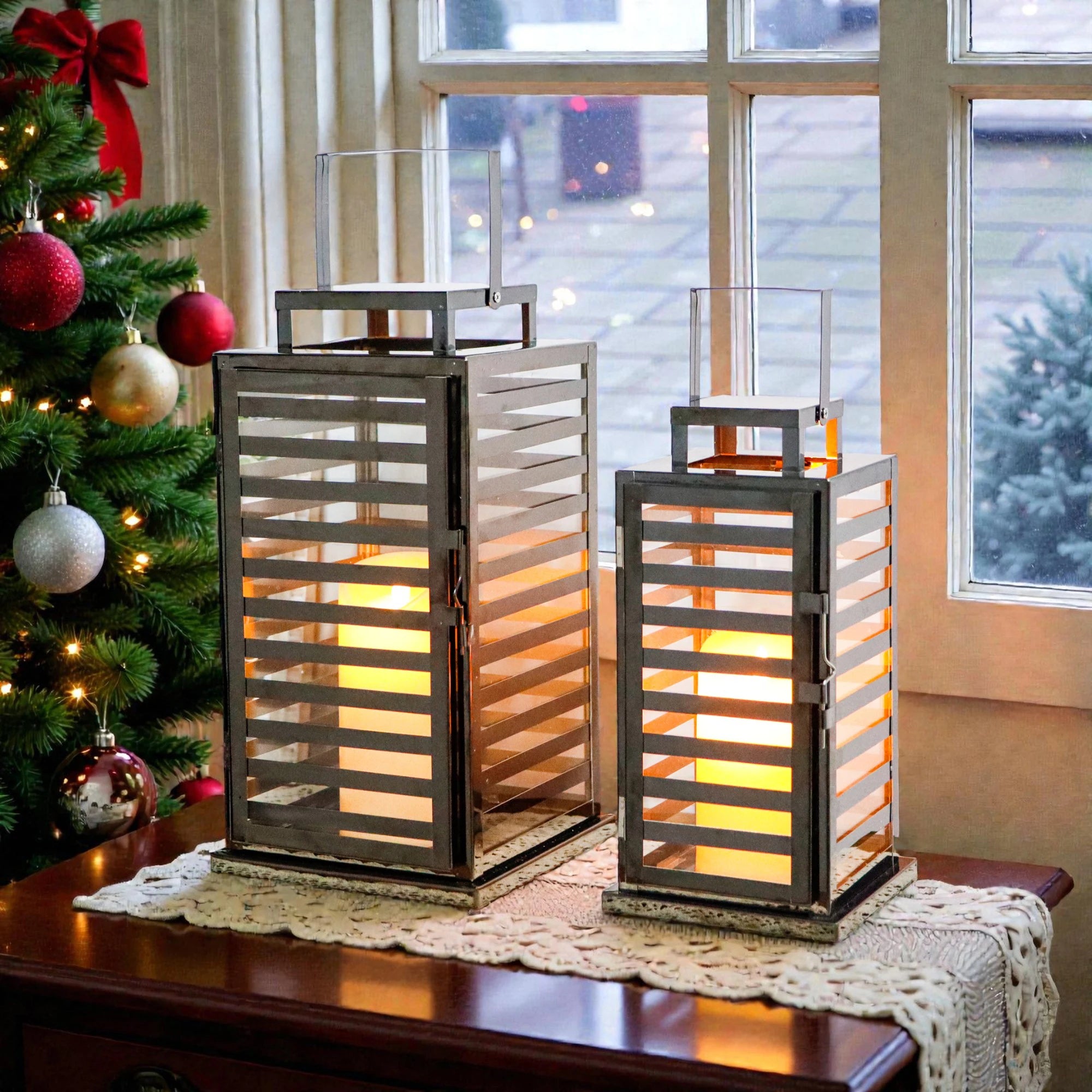 Metal Cage Set of Two Candle Lantern Big Size Floor Lantern Industrial Style Decoration for Cozy Home