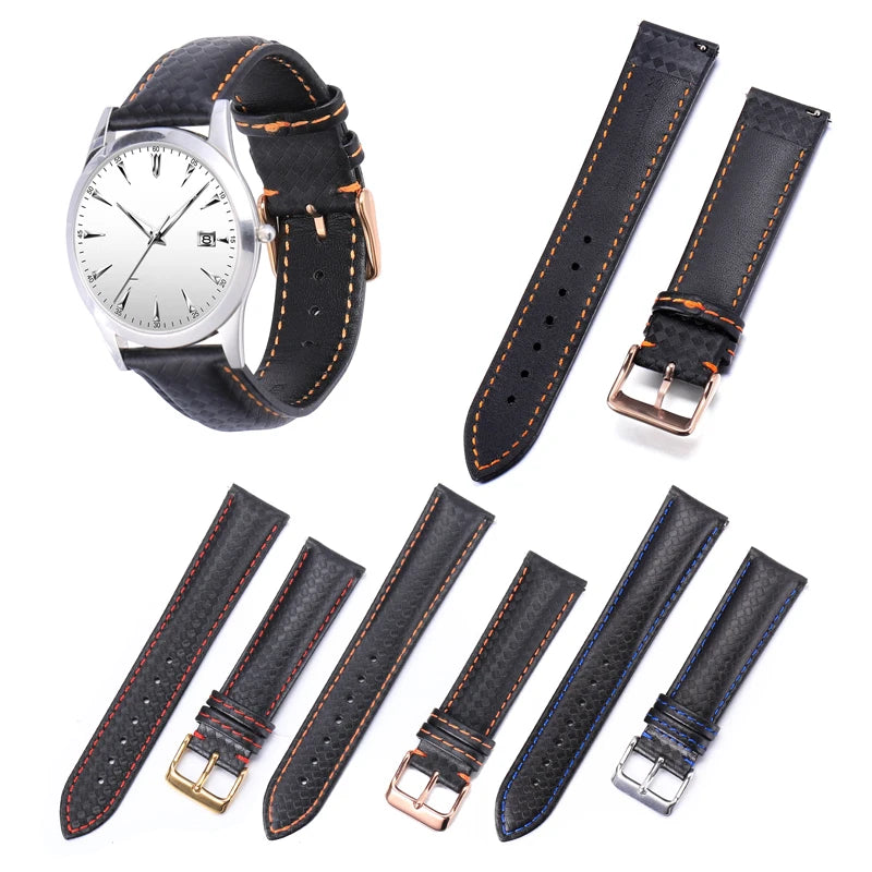 Carbon Fiber Genuine Leather Watch Bands 20mm 22mm Cow Leather Watch Straps for Universal Watches Black with Stitching