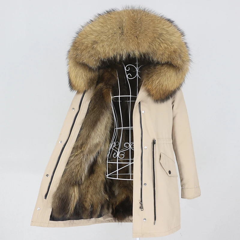 OFTBUY 2023 Women's Midi Length Winter Parka Thick Warm Faux Fur Linner with Natural Raccoon Fur Collar Hood Fluffy Real Fur