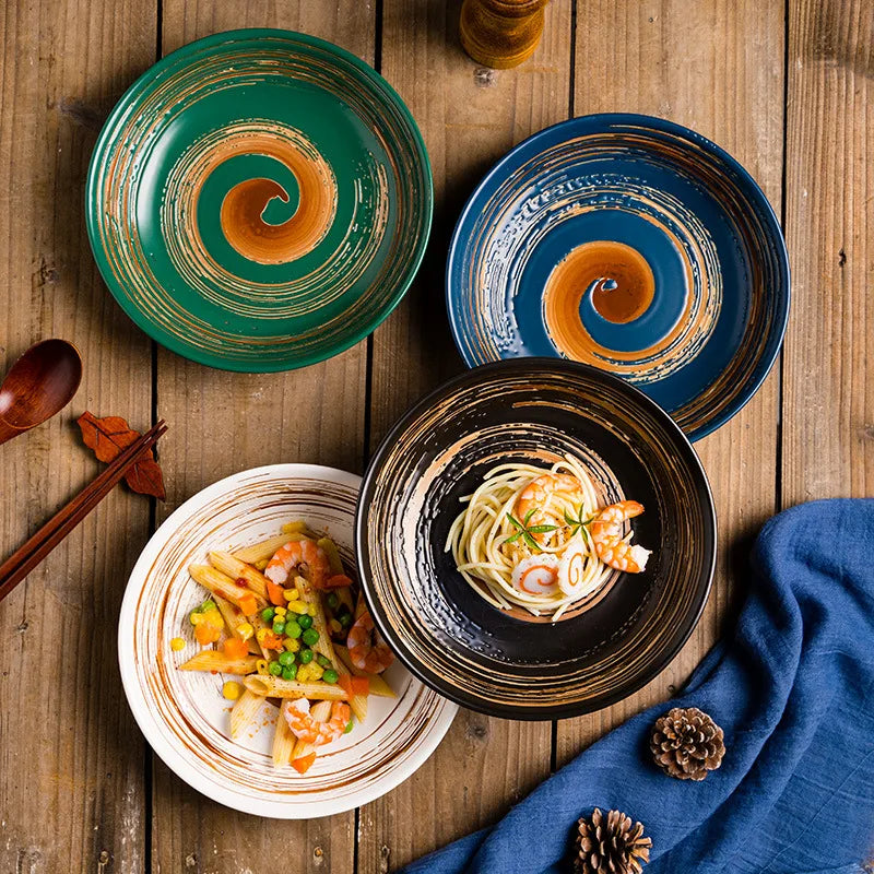 Hot Sale Japanese Style Round Matte Hand-Painted Porcelain Plate Decorative Deep Food Plate Ceramic Dinnerware