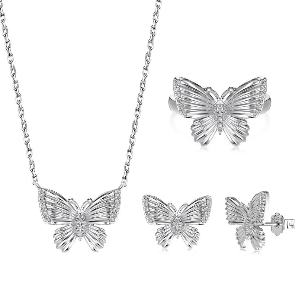 Dylam Charm Elegance Jewelry Set Women S925 Silver Gold Plated 5A Cubic Zirconia Diamond Butterfly Necklace Earrings Ring