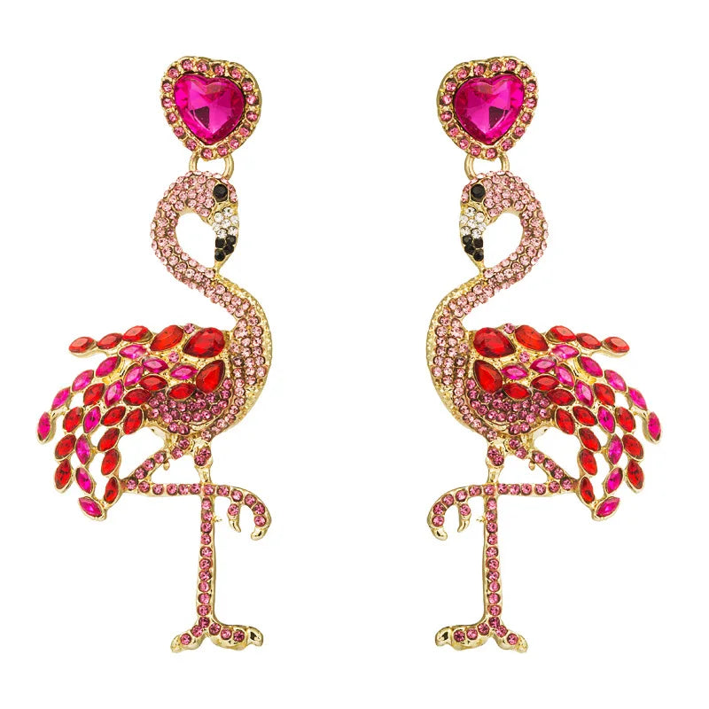 Personalized Shining Geometric Pink Rhinestone Animal Earrings Women Fashion Crystal Flamingo Earrings Jewelry