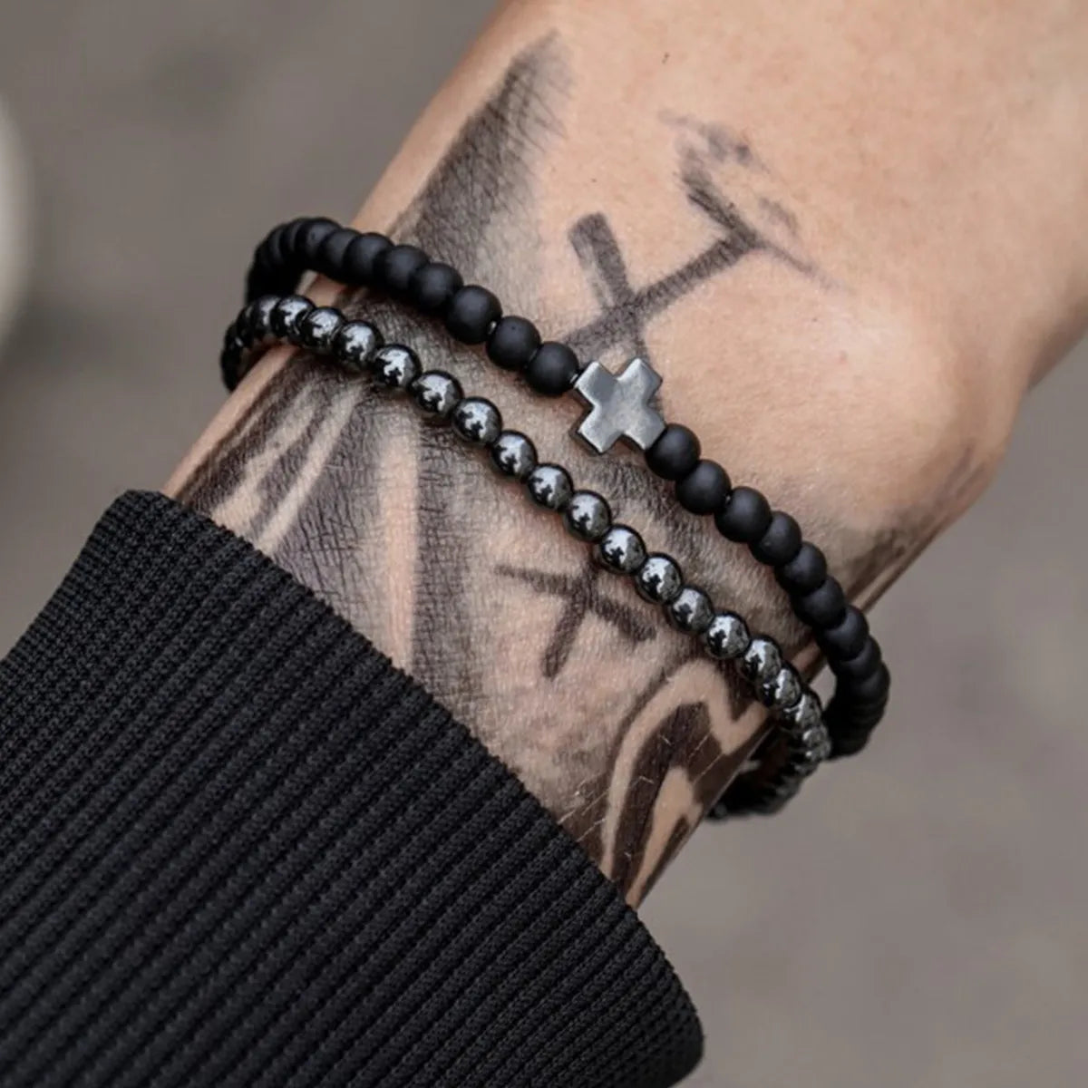 2pcs/set Fashion Cross Cooper Bead Bracelet Men Matte Lava Volcanic Stone Jewelry Gift