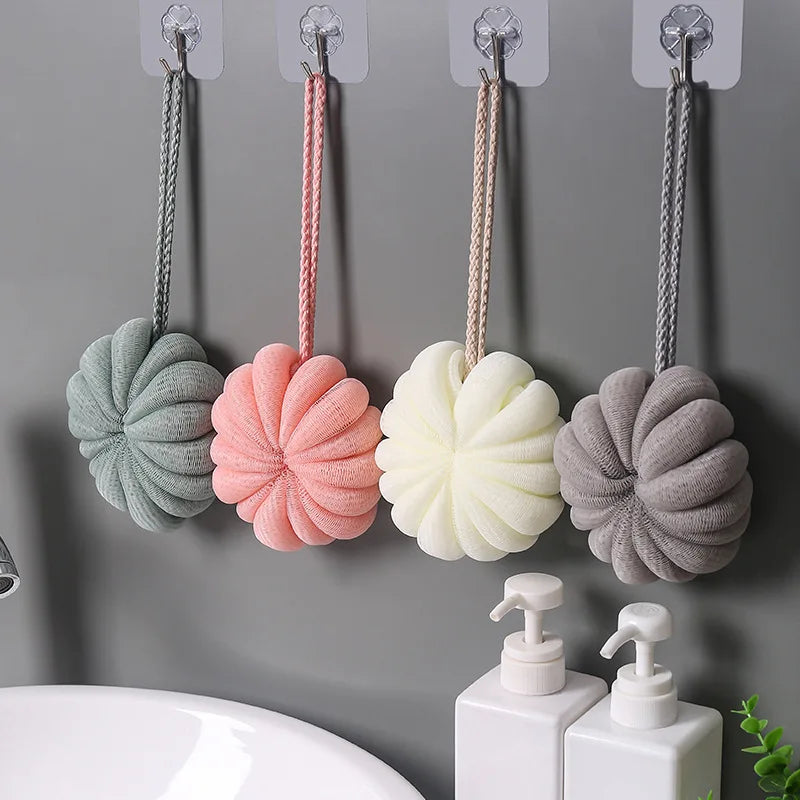 Solid Color Hot Selling PE Shower Sponge Ball Pumpkin Shaped Bath Flower