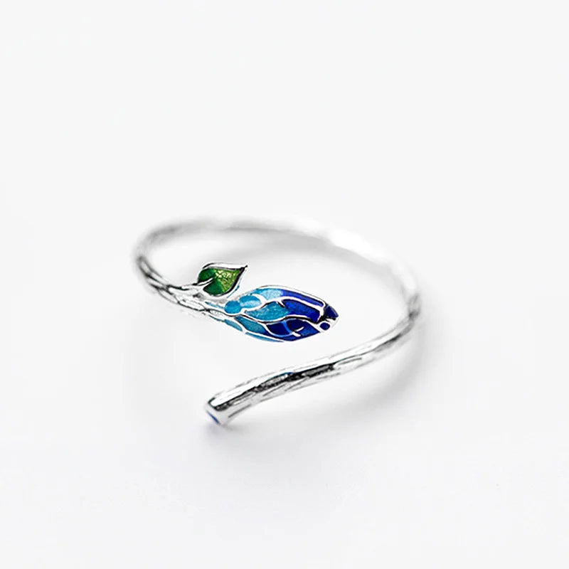 Vintage Enamel Leaves Adjustable Women Finger Rings for 925 Sterling Silver Jewelry