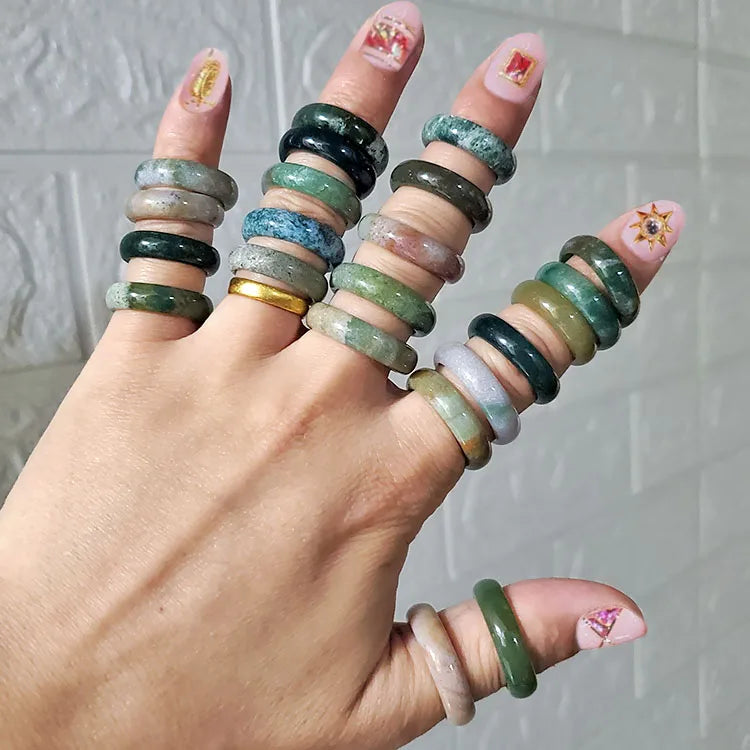 Green Multi Color Colorful Natural Gemstone Indian Agate Jasper Jade Band Rings
