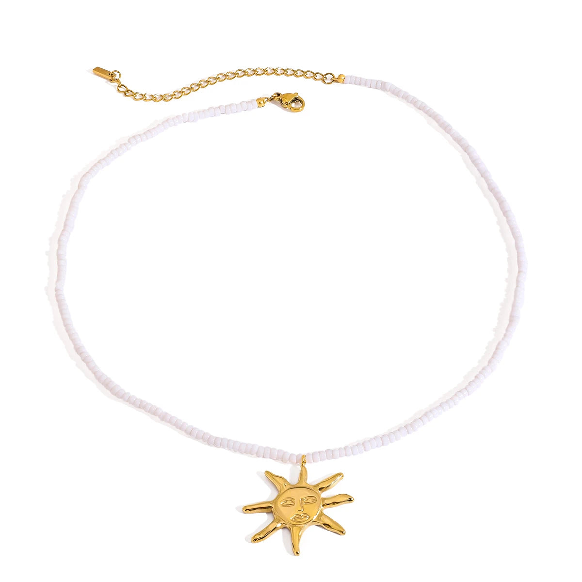 J&D Vintage 18K Gold Plated Stainless Steel Sun Pendant Beads Necklace Trendy Minimalist Link Chains