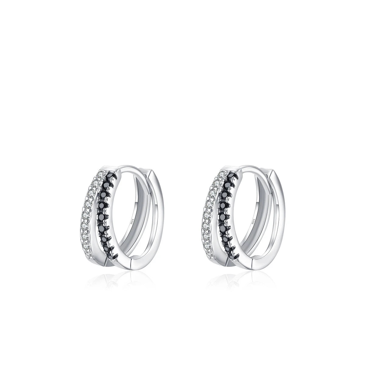 Daidan Earring Huggie Ladies Fashion Double Layer Black and White Cz Cubic Zirconia Hoop 925 Sterling Silver Earring