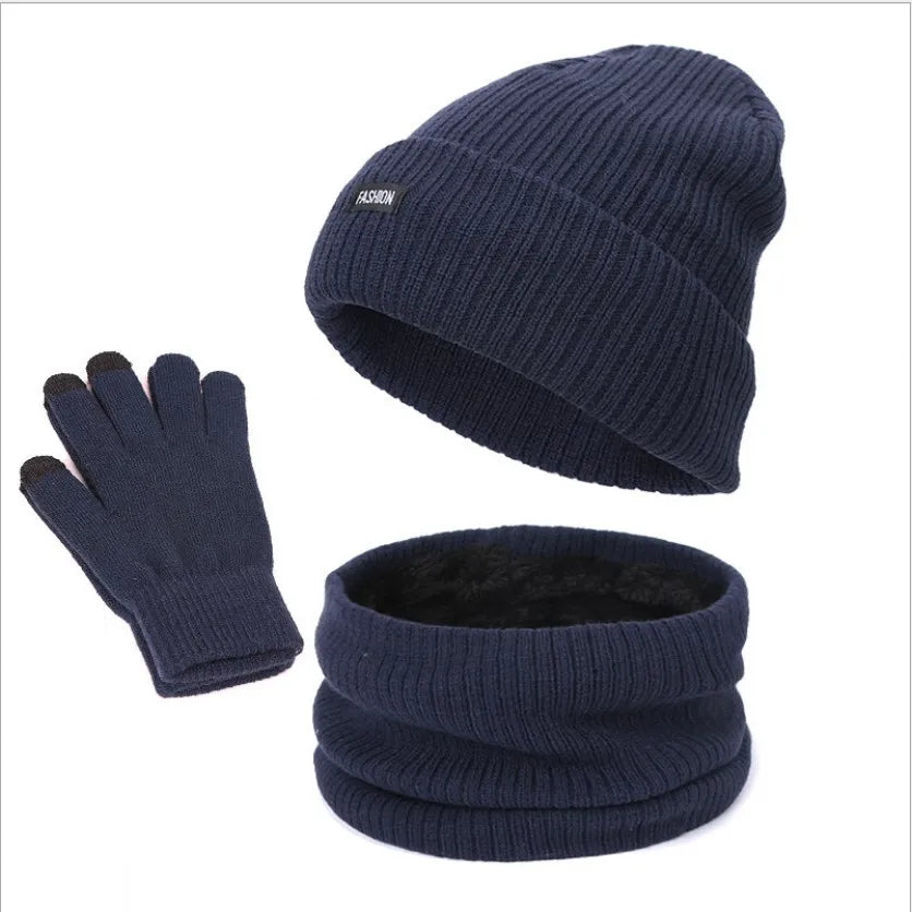 Custom logo Thickened Polar Fleece Lined Cuff Beanie Hat Neck Gaiter Touchscreen Gloves Set for Men Women