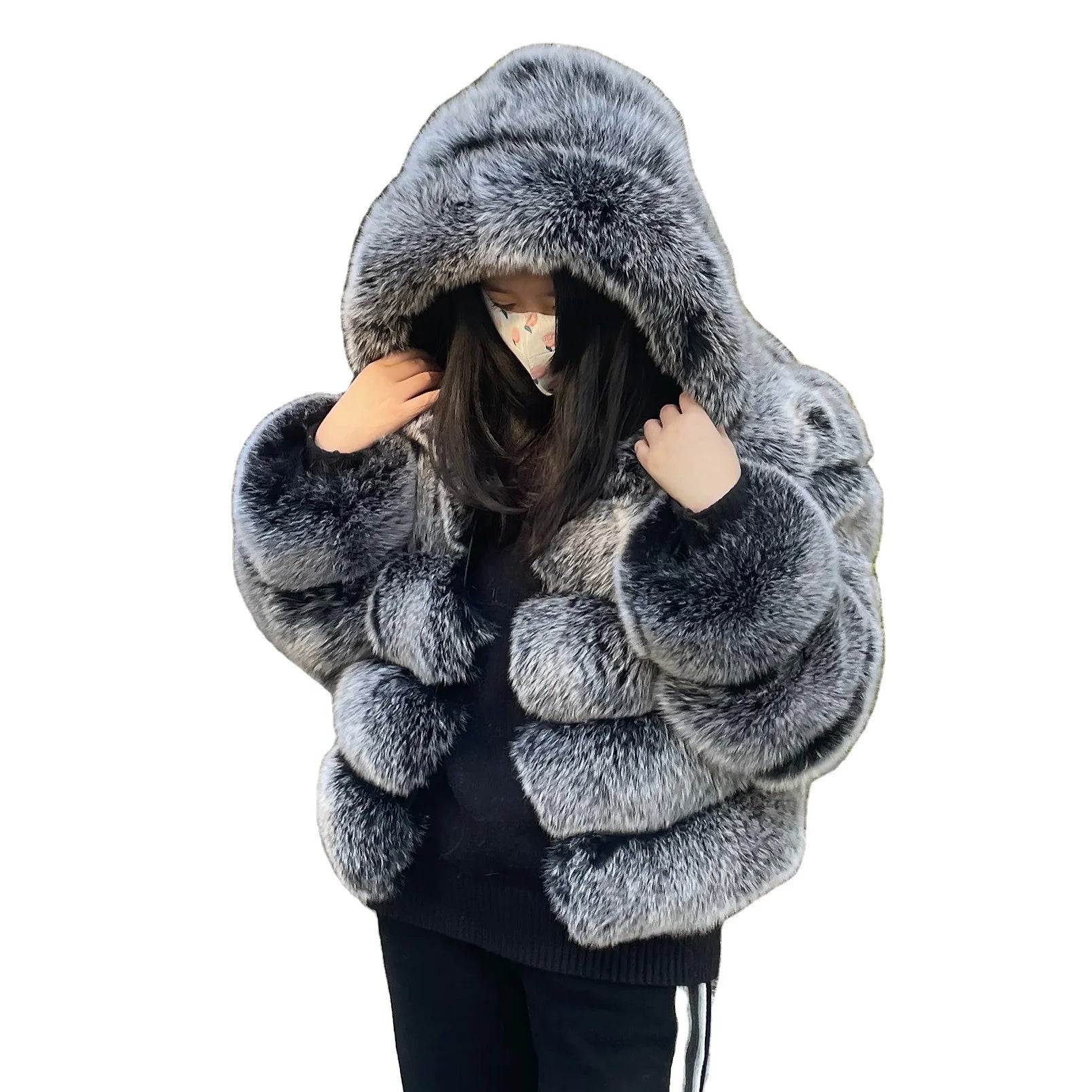 QIUCHEN QC20110 Casual Fashion Winter Warm Fluffy Fur Windproof Jacket Women Genuine Hooded Real Fox