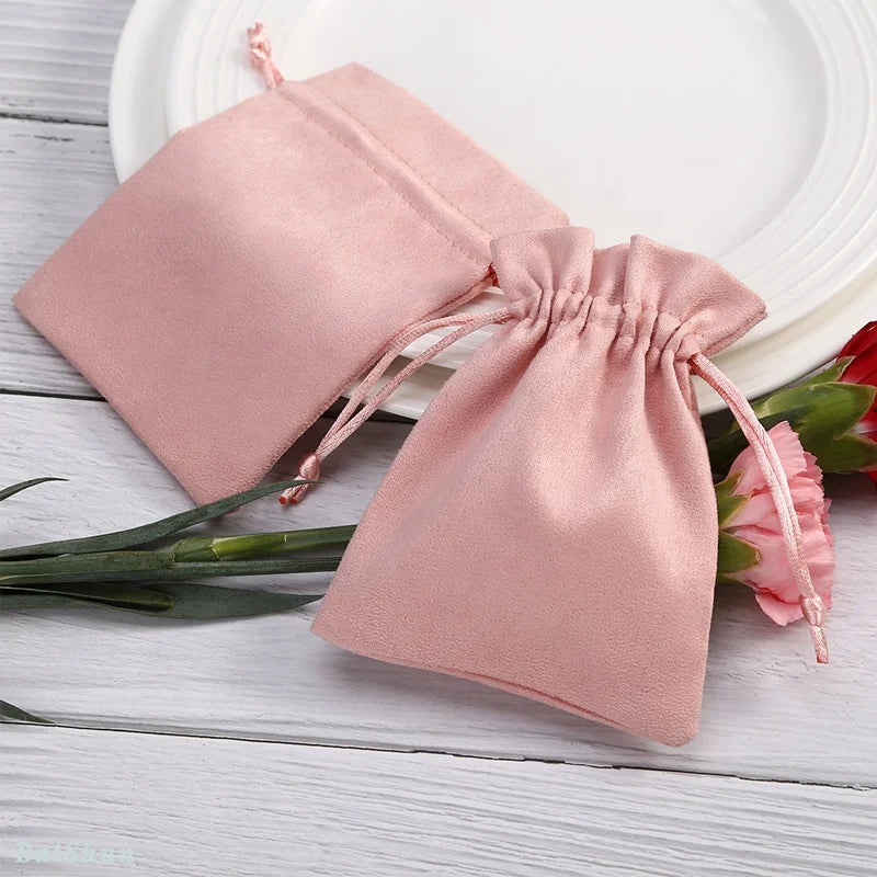 Custom Logo Printed Pink Small Velvet Suede Drawstring Ring Earring Necklace  Pouch With Ribbon Velvet Pouch for Perfume
