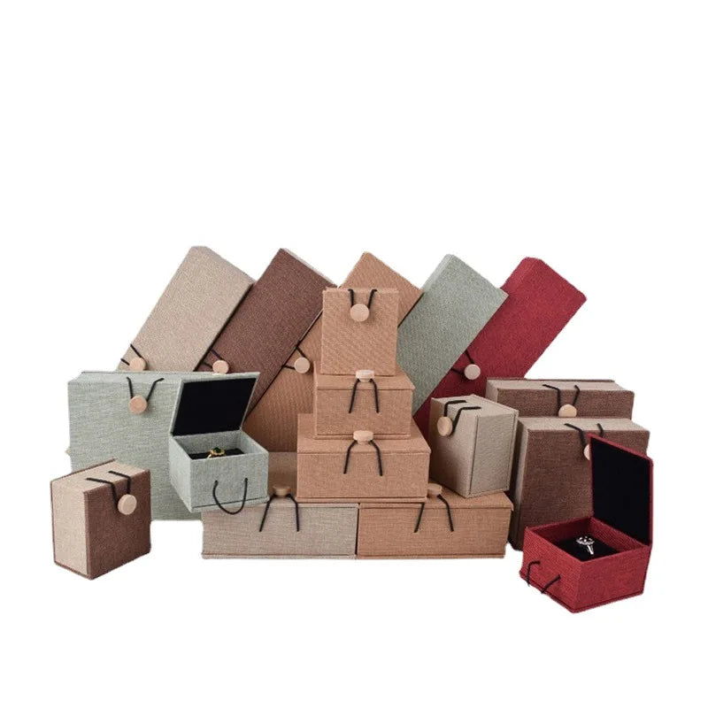 Hot Selling Wooden Buckle Linen Jewelry Storage Box Necklace Ring Earrings Bracelet Packing Case