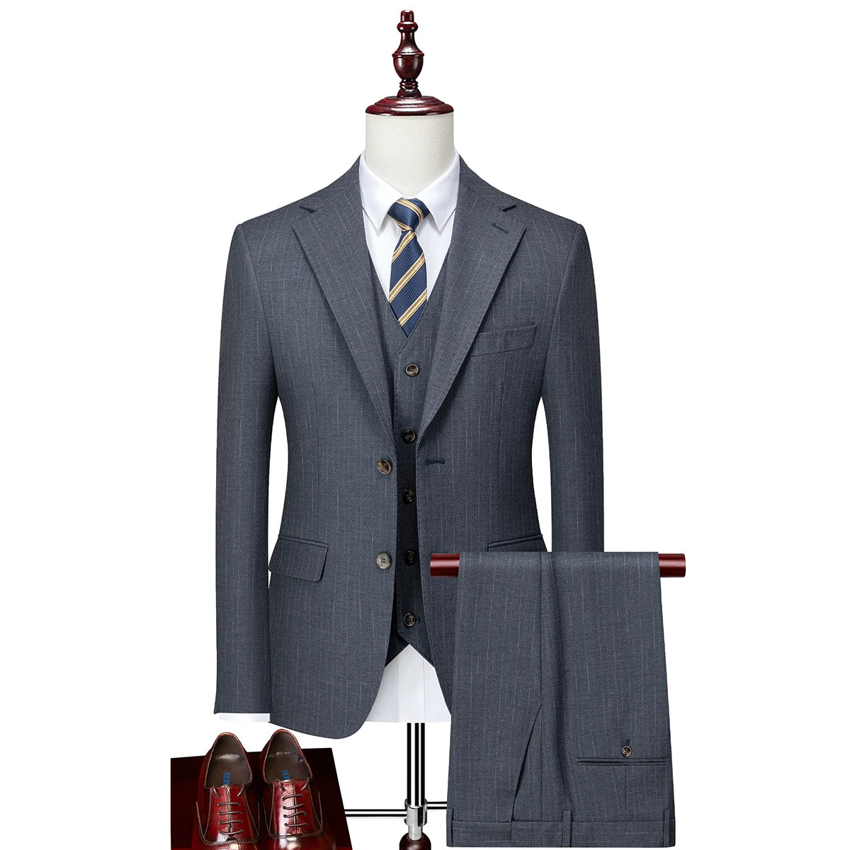 Men's Two-Button 3-Piece Stripe Suit Single Breasted Business Style With V-Neck Collar Button Fly Pant Closure Bridegroom 9107