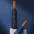 Men's Stylish Simplicity 3-Folding Fully-Automatic Open Close Umbrella Wooden Handle Customizable Logo Windproof Waterproof