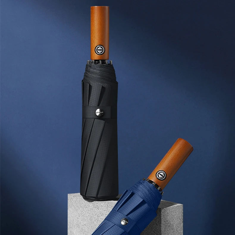Men's Stylish Simplicity 3-Folding Fully-Automatic Open Close Umbrella Wooden Handle Customizable Logo Windproof Waterproof