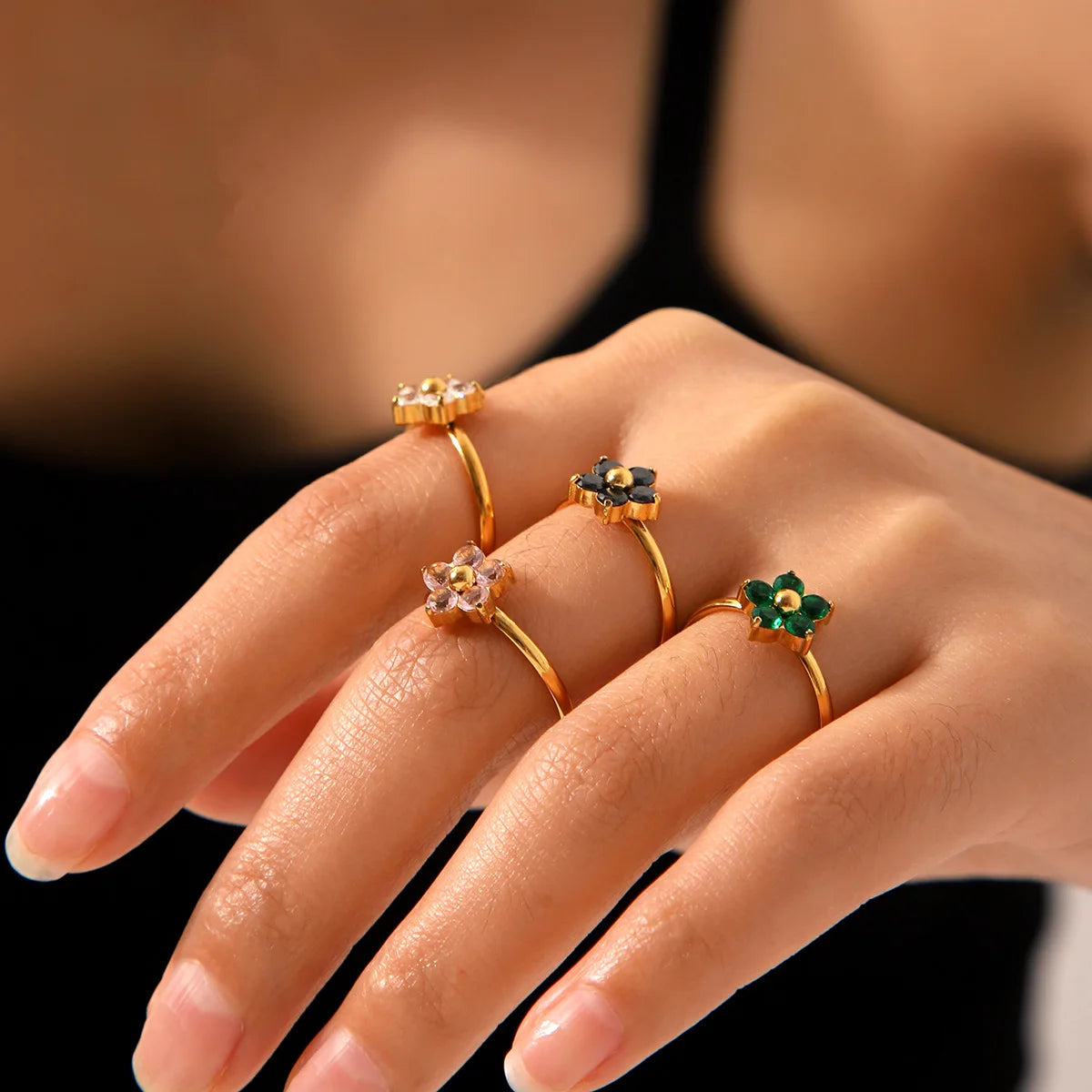 Dainty Stainless Steel 18K Gold Plated Trendy Colorful Flower Inlaid Zirconia Open-End Engagement Rings for Couples