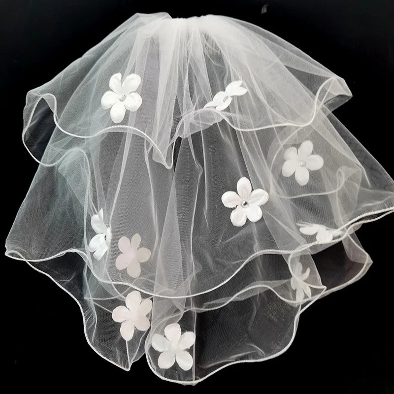 Vintage White Short Wedding Veil with Double Trimmed Pearl Bow Drill Comb 40-50cm Bridal Veil Headdress Accessory