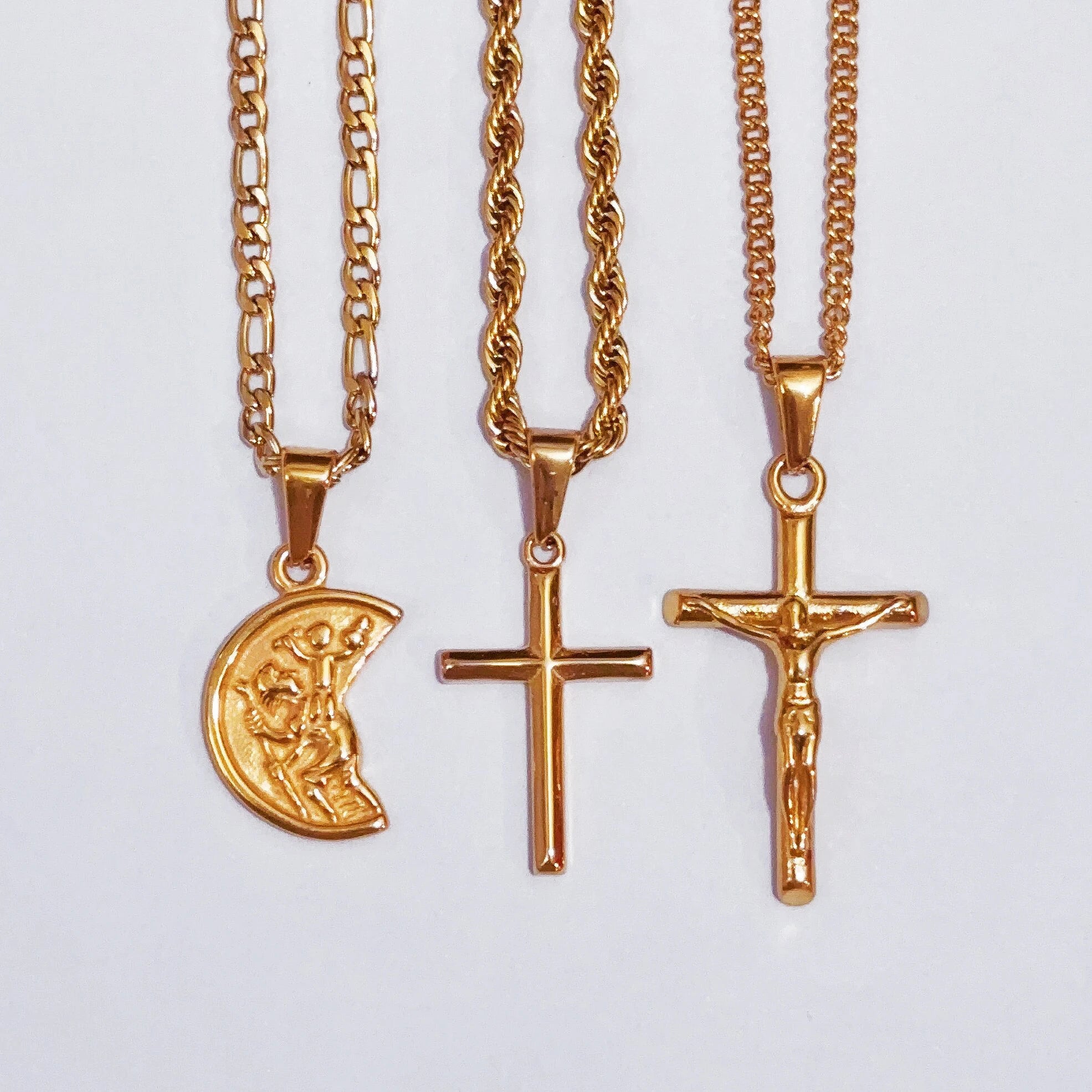 Tarnish Free Jewelry 18k Gold Plated Stainless Steel Crucifix Cross Figaro Link Chain Saint Christopher Necklace for Men Women