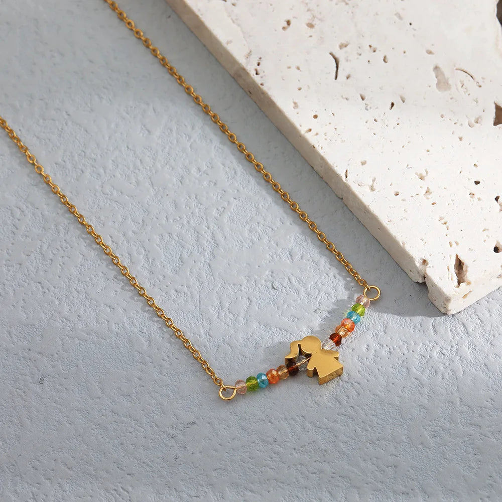 Products on the Shelves Fashion 18k Plated Real Gold rainbow Beaded Necklace Stainless Steel Girl Pendant Necklace