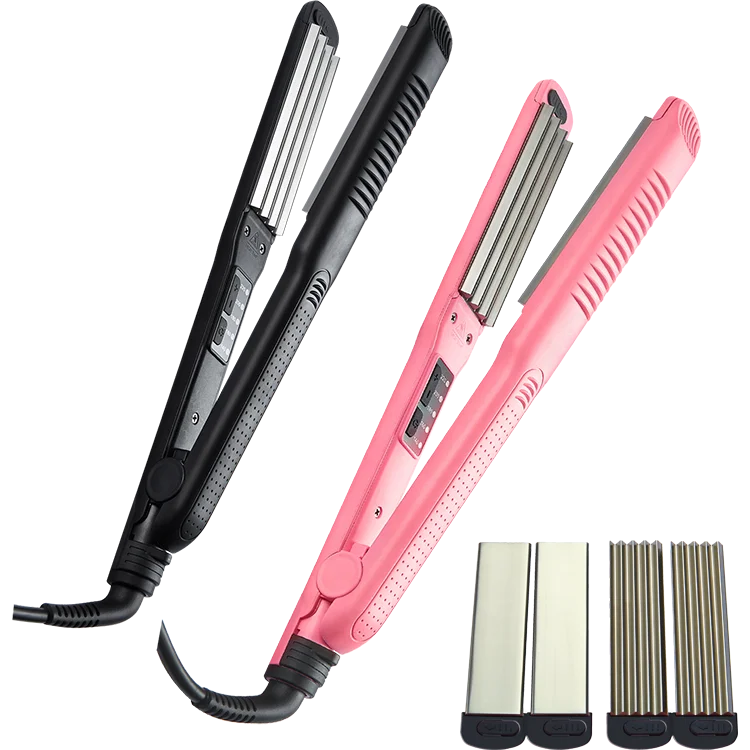 3 in 1 Hair Crimper Straightener Flat Iron with Interchangeable Titanium Plate Sets Electric Temperature Display LED Display