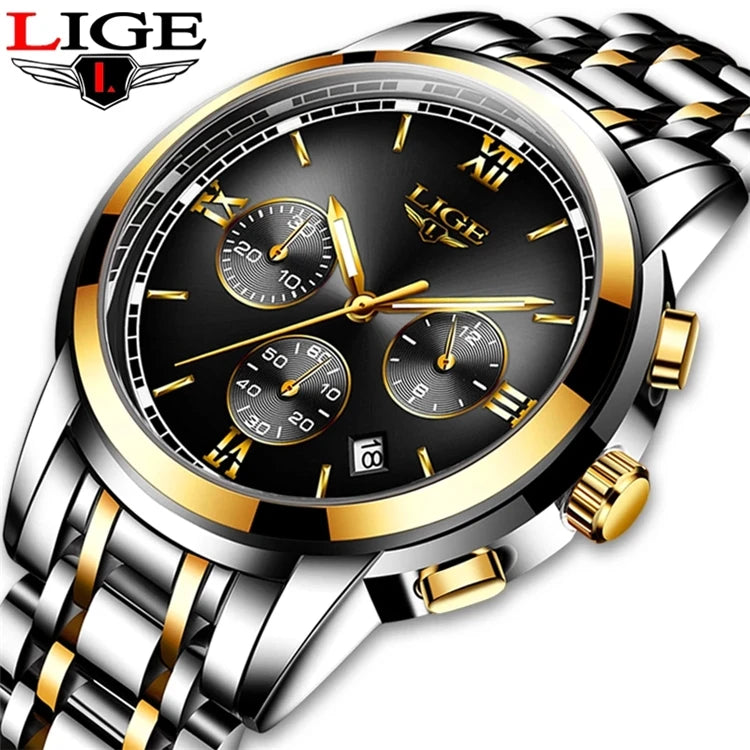 LIGE Design 9817 Top New Luxury Men Watches Automatic Black Watch Stainless Steel Waterproof Business Sport  Clock Wristwatch