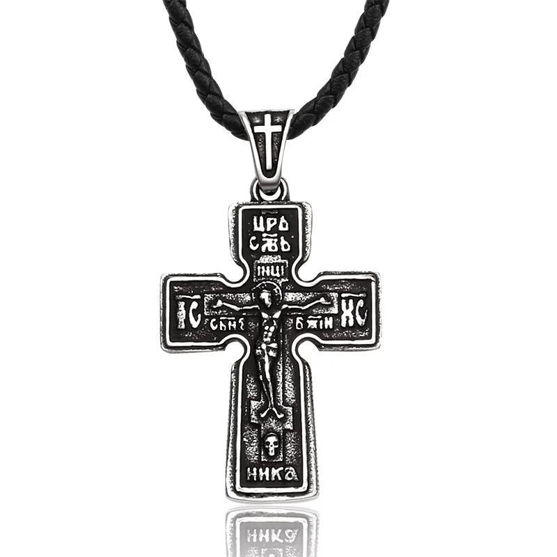 Sanlan Steel Jesus Cross Men's Stainless Steel Crucifix Eastern Orthodox Pendant Chain Necklace Jewelry