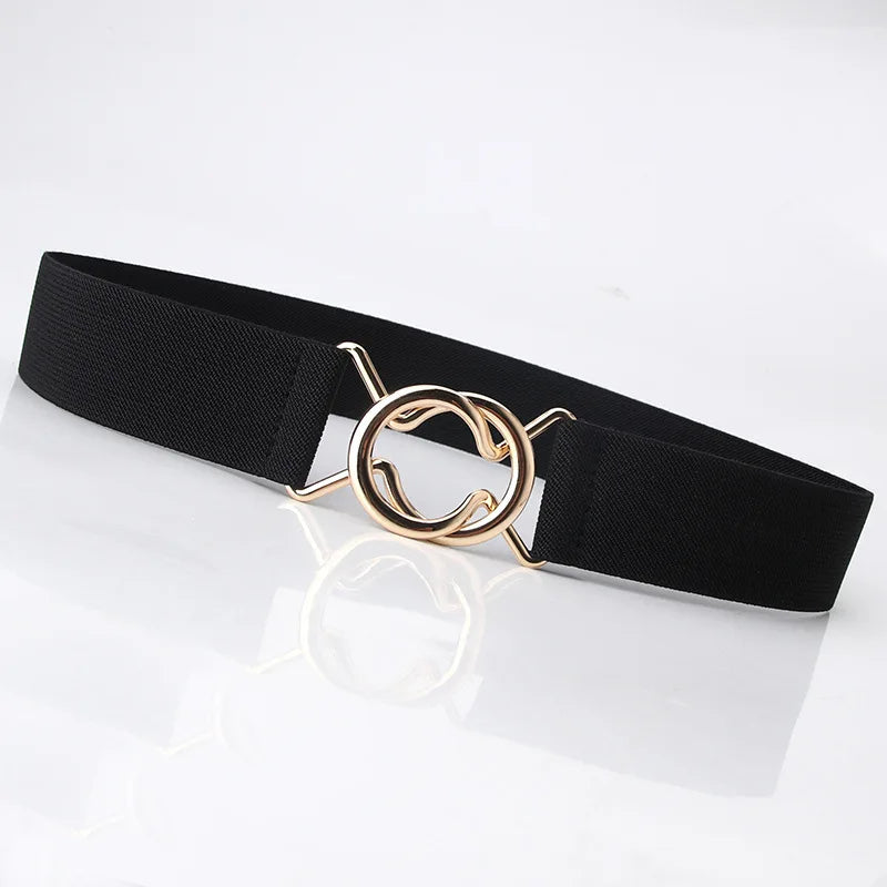 RTS Women's Fashion Elastic Waist Belt Stretch 3.8cm Wide Equestrian Belt with Round Alloy for Buckle for Dress Jeans