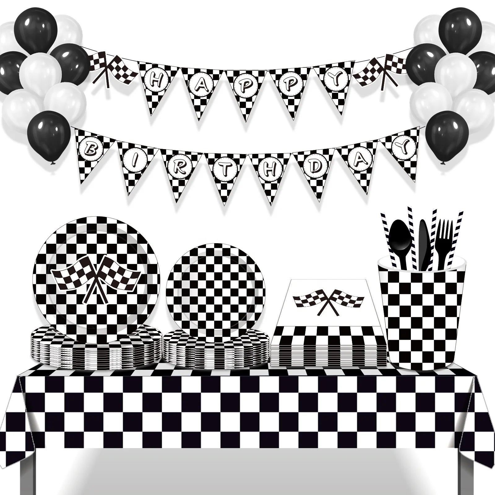Huancai Racing Car Party Supplies Checkered Paper Plates Cups Napkins Disposable Tableware Set for Birthday Party Decorations