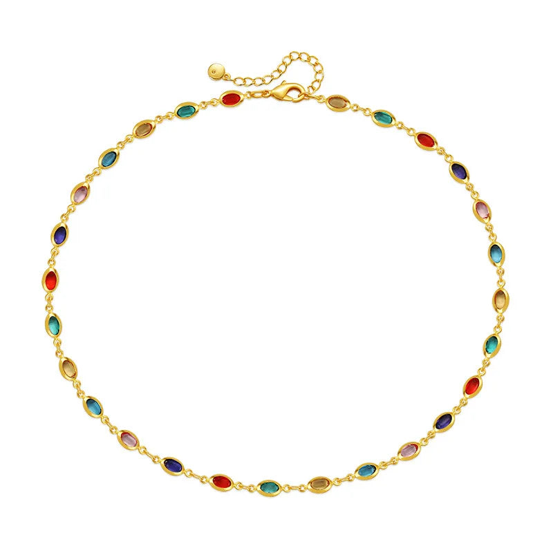 Fashion Ethnic Style Colorful Glass Diamond Necklace Plated 18K Gold Chain Boho Necklace for Women