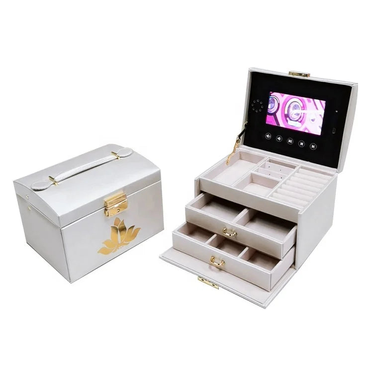 Jewelry Display Case Organizer with Video LCD Screen Rectangle Shape Compartments for Necklaces Bracelets Rings with Lock Key