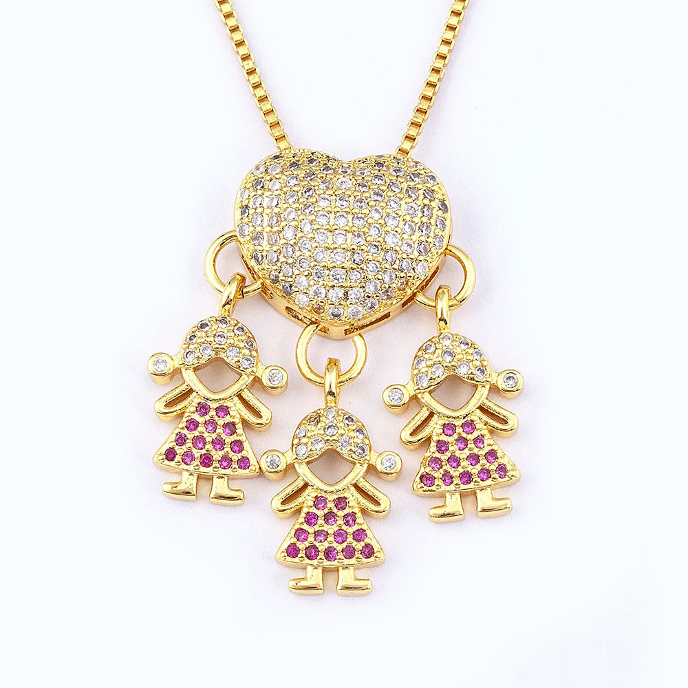 QIKU New Design Heart Shape 3 Girls/3 Boys Charm Pendant Women Necklace Copper Cubic Zircon Crystal Party Gift Wedding Jewelry