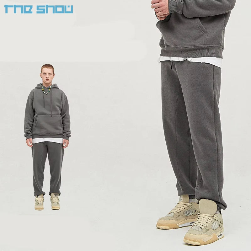 Unisex 100% Cotton Fleece Sweatpants Solid Color Mid Waist Jogger with Elastic Waist and Loose Fit Washed Decoration for Men