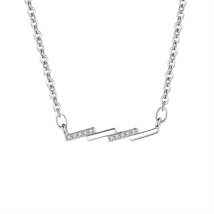 Simple 925 Sterling Silver Pave CZ Diamond Wave Shape Line Pendant Necklace for Women Girls
