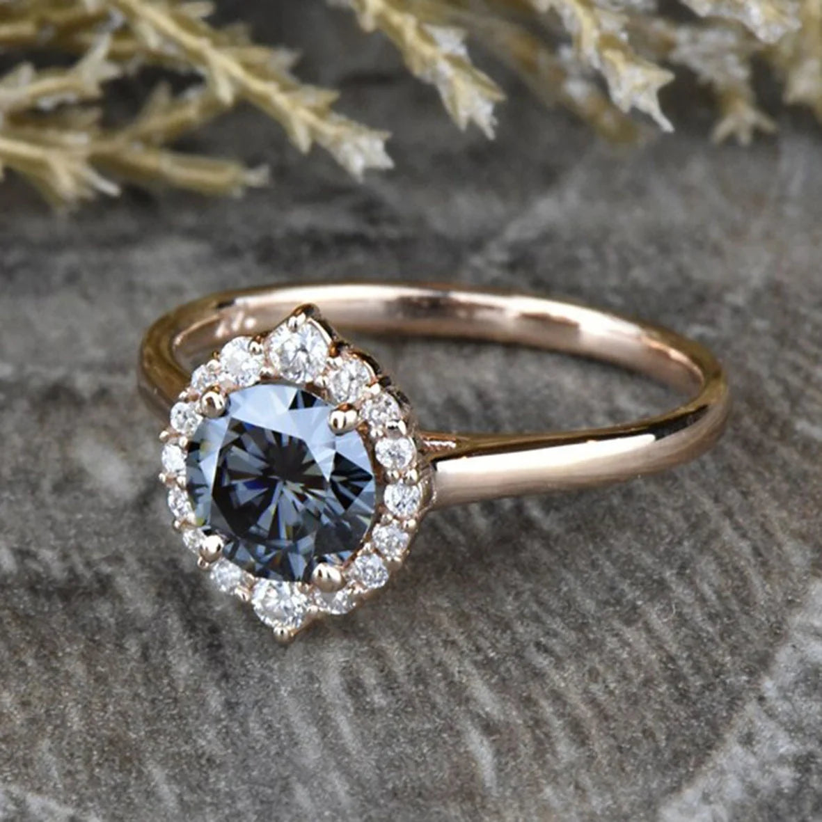 Silver Vintage Rose Gold Wedding Ring 1.0 CT Cut Grey Moissanite Engagement Halo Jewelry for Women