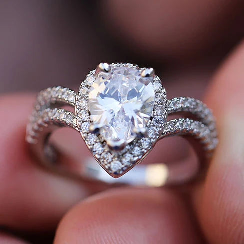 Huitan Elegant Engagement Clear Pear Zircon Double Layer Rings Girls Lady Women Shiny Silver Water Drop Wedding Rings