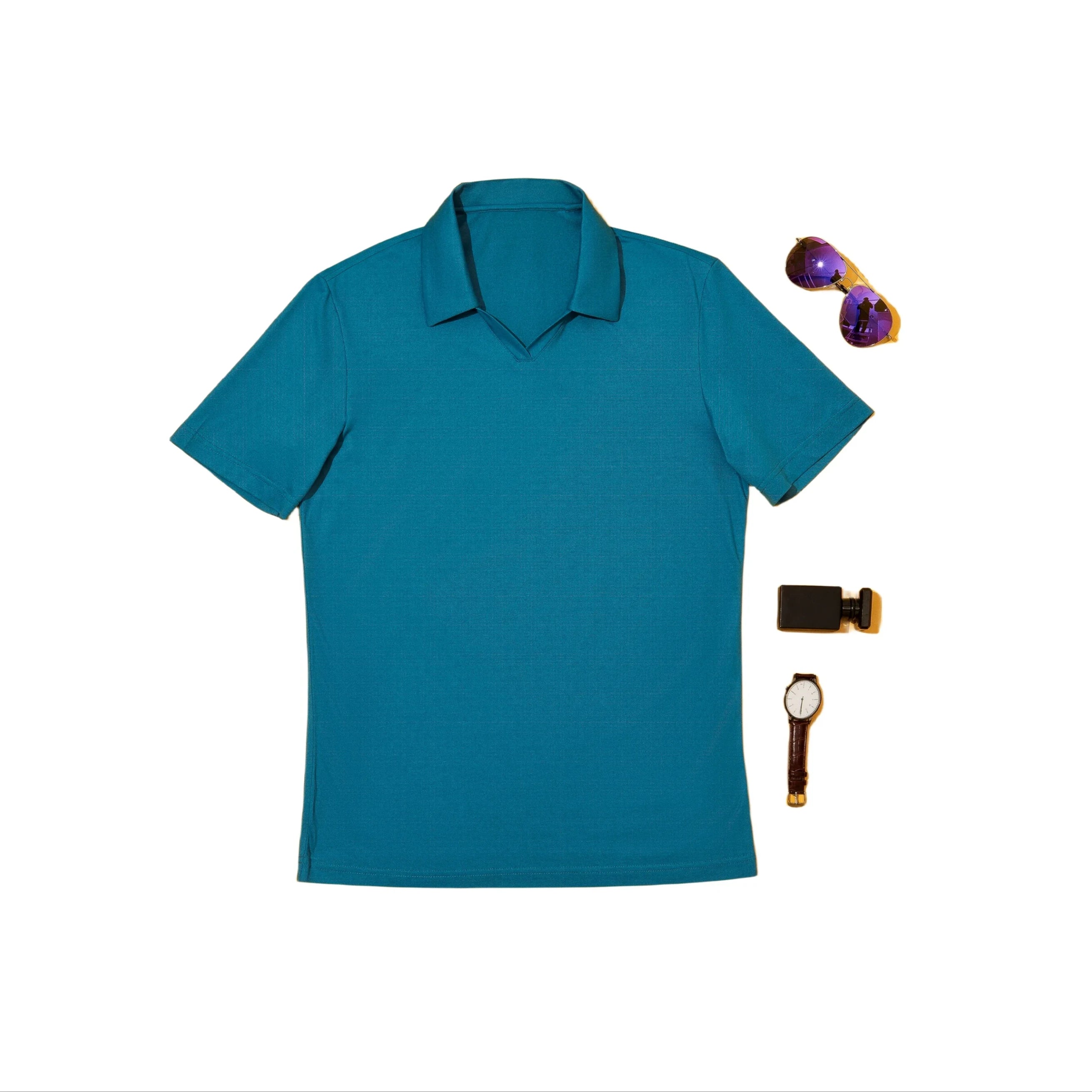 2023 Bosha Lake Blue Custom Men'S Casual Polo Shirt Knitted Fabric Short Sleeve Solid Pattern