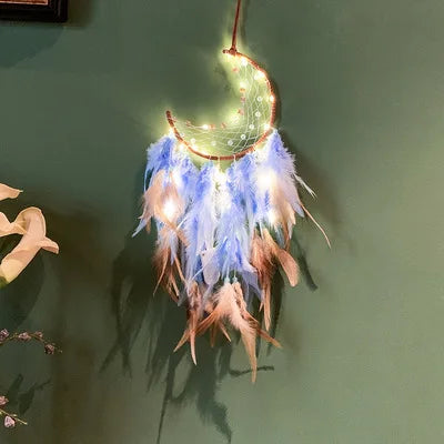 Factory Price LED Moon Dreamcatcher Macrame Wall Hanging Home Decoration Handmade Dream Catcher Girls Kids Room Nursery Gifts