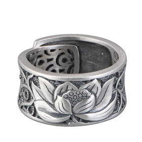 New Arrivals Sterling Silver 990 Ring Men's and Women's Vintage Lotus Open Ring Wide Heart Sutra Hollow Ring Jewelry