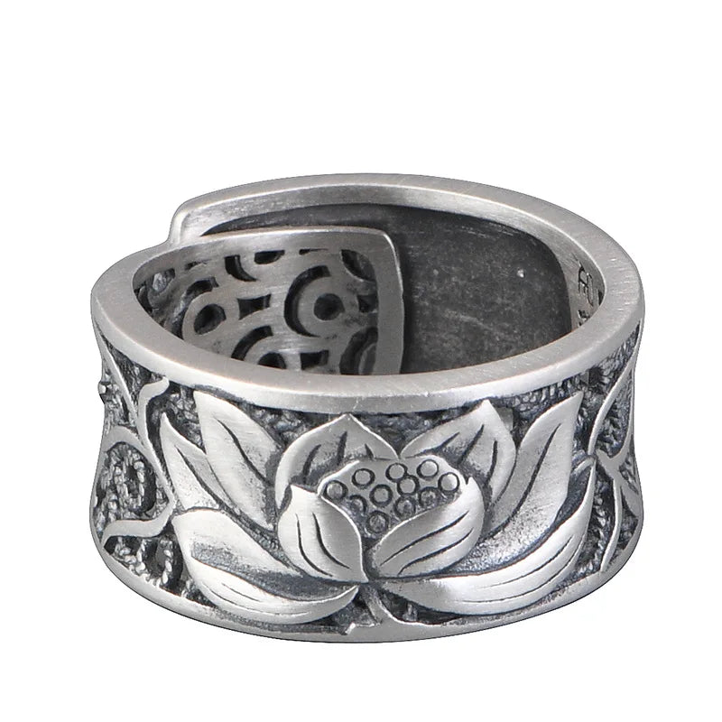 New Arrivals Sterling Silver 990 Ring Men's and Women's Vintage Lotus Open Ring Wide Heart Sutra Hollow Ring Jewelry