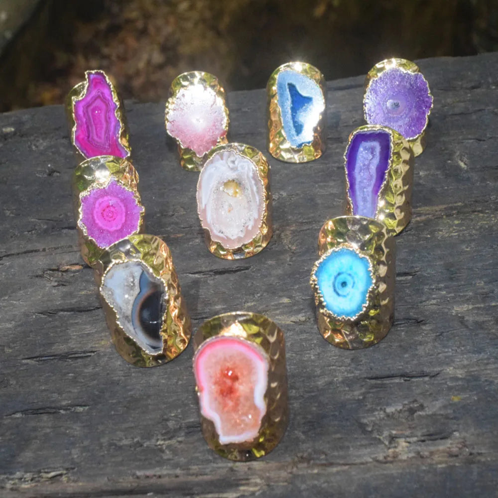 Wholesale Punk Classic Unique Natural Irregular Big Natural Agate Druzy Stone Ring Finger Rings Adjustable Jewelry Men Women