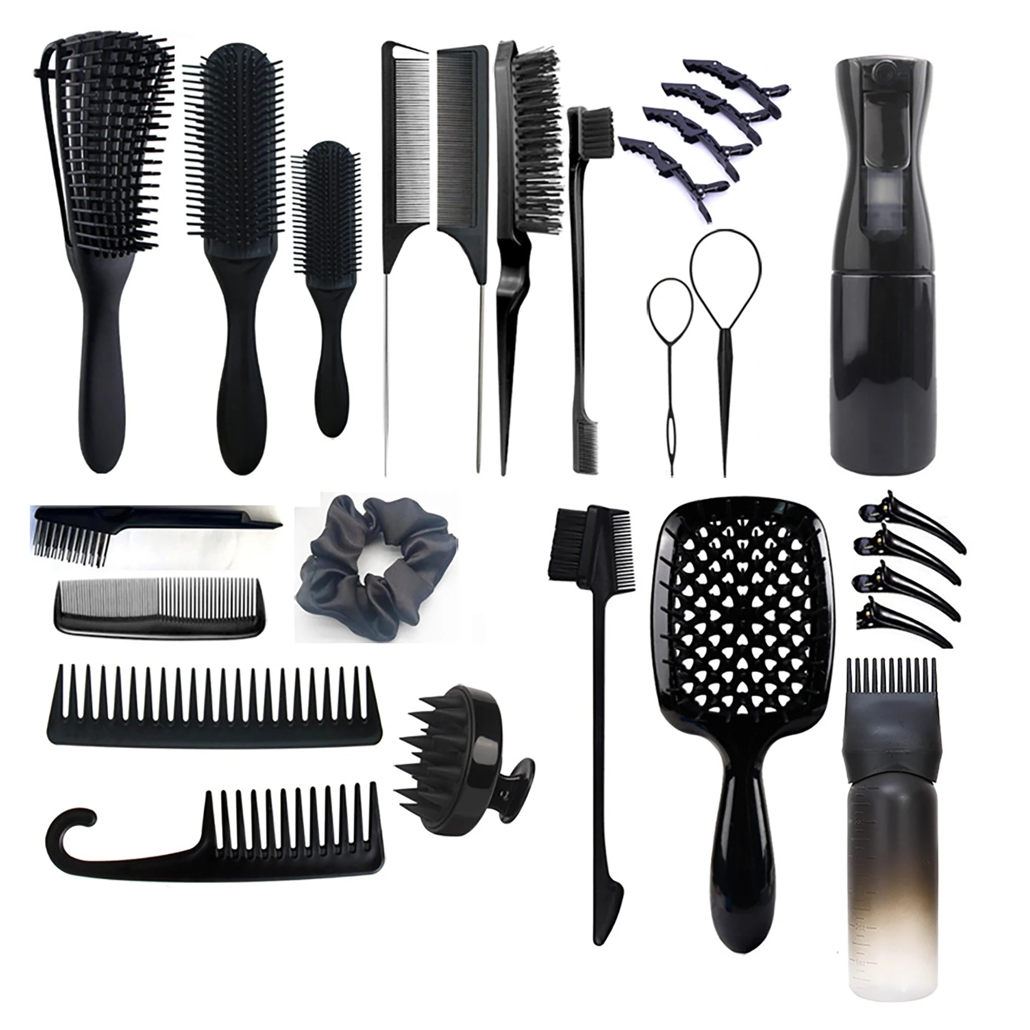Durable 27pcs Colorful Wholesale Silicone Scalp Shampoo Brush Set New Oil Applicator & Spray Bottle with Classic Plastic Handle
