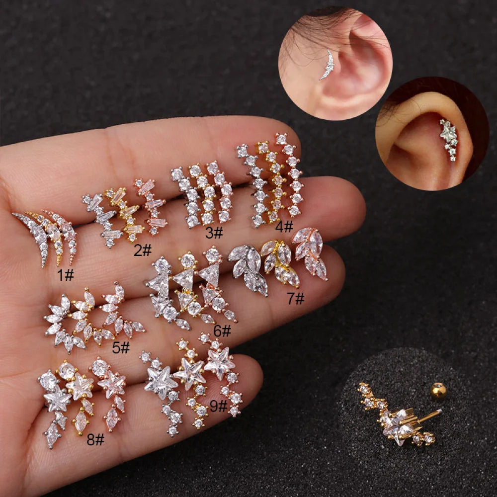 Stainless Steel Women Fashion Cartilage Tragus Ear Piercing Jewelry Star Cz Zirconia Diamond Stud Earrings Set