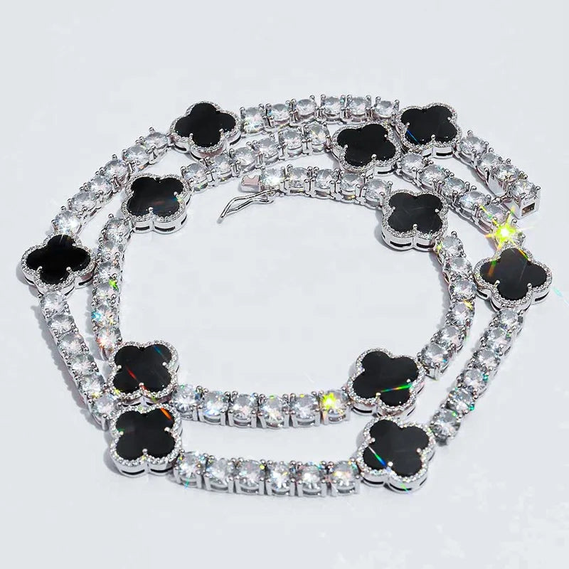 Hip Hop Fine Jewelry Passd Diamond Tester 925 Silver 3MM 4MM 5MM Moissanite Black Agate Clover Tennis Chain for Men Women
