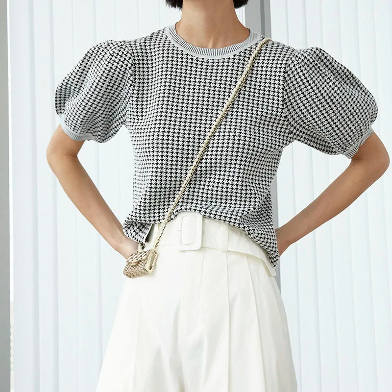 Fashionable Women's Casual Sweaters Round Neck Short Sleeve Houndstooth Patchwork Knitted Regular with Front Logo