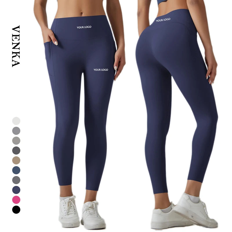 Custom Logo High Waist Tummy Control Sports Workout Pants High Elastic Soft Nude With Pocket Women Gym Fitness Yoga Leggings