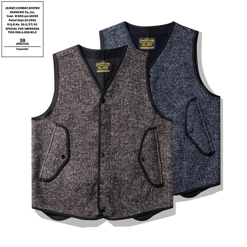 Vintage British Style Men's Woolen Vest Winter Solid Warm Thick V-Neck Casual Breathable Windproof Washed Cotton Outerwear